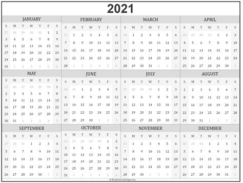 Quickly print a blank yearly 2021 calendar for your fridge, desk, planner or wall using one of our pdfs or images. Calendar Year 2021 Printable Free | Printable Calendar Design