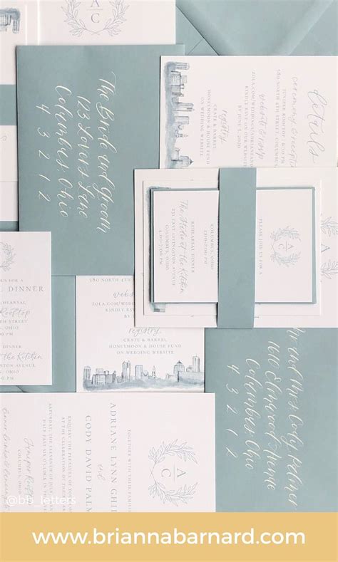 Dusty Blue Wedding Invites Assembly Calligraphy Envelopes Monogram