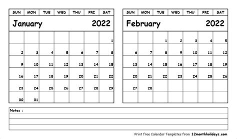 Print January February 2022 Calendar Template 2 Month Calendar