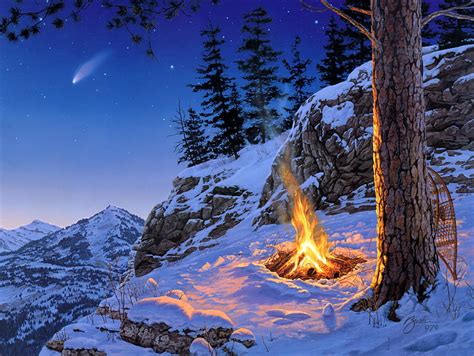 Falò Sulla Montagna Illustrazione Inverno Stelle Neve Paesaggio