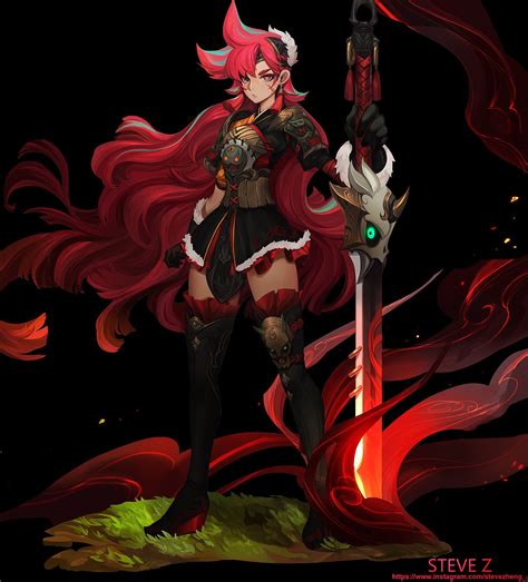 Warrior Girl With Red Hait And A Sword Artist Steve Zheng Original Anime Characters Waifu
