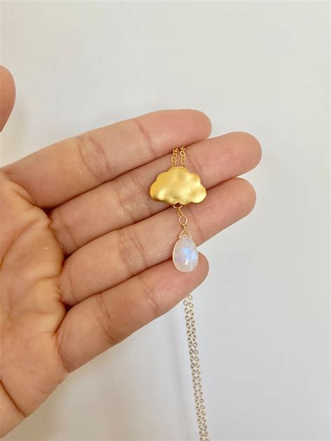 Dreamy Dainty Necklace Vermeil Gold Cloud With Moonstone Drop Etsy