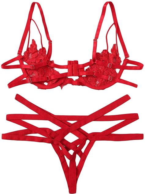 Shein Womens Floral Cut Out Lingerie Bra And Panty Set Lace Sexy Two Piece Ebay