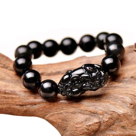 Feng Shui Pixiu All Black Obsidian Beaded Bracelet Etsy