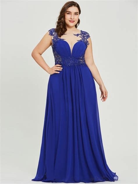 Stunning A Line Boat Neck Cap Sleeve Beaded Appliques Royal Blue Chiffon Plus Size Prom Evening