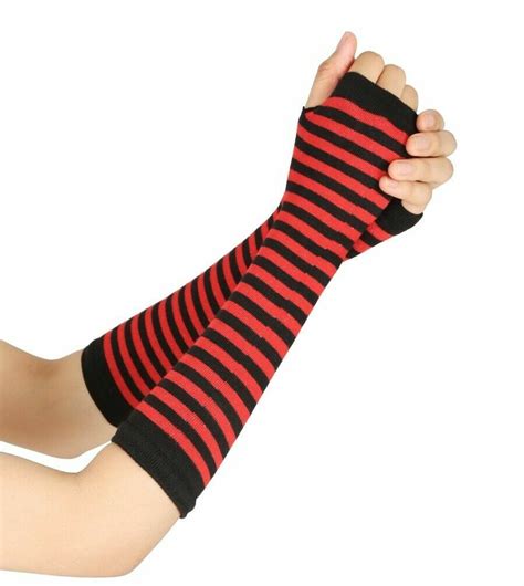 striped ladies arm gloves women mitten black and red fingerless thumb arm gloves ebay