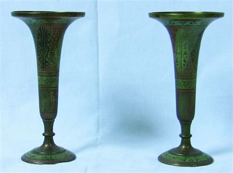 20c Pair Of Indian Brass And Cold Painted Rose Vases Rockwell