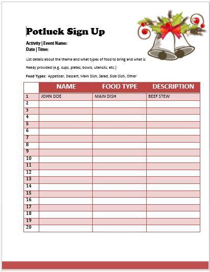 Free Printable Christmas Potluck Sign Up Sheet