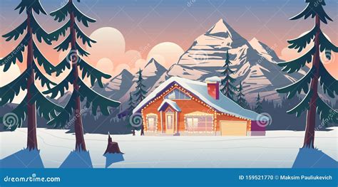 Cottage House In Winter Mountains Cartoon Vector Stock Vector