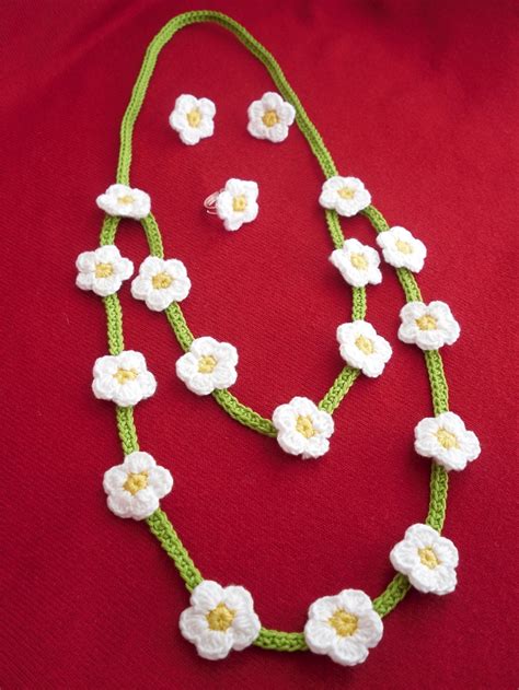 Crochet Daisy Jewellery Set Necklace Earringsring Jewelry Patterns Crochet Necklace