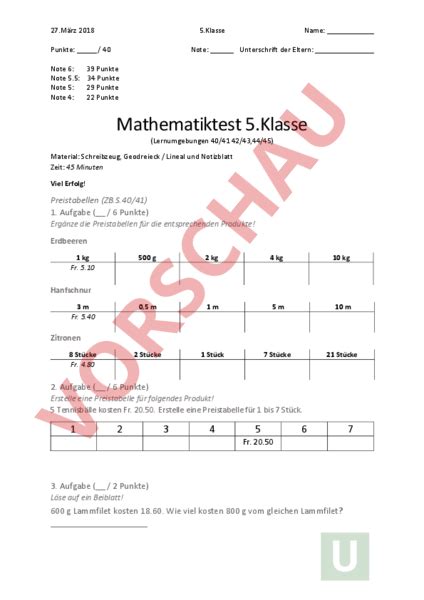 Klasse wissen aufgaben/beispiele lösungen achsenspiegelung eigenschaften der. Arbeitsblatt: Mathematiktest 5.Klasse (Preisberechnungen ...