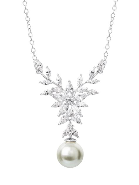 Fine Silver Plated Cubic Zirconia Simulated Pearl Necklace 18 2