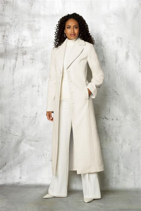 pin by lee ann on business casual white coat outfit winter coat outfits long white coat