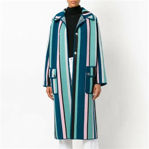 Hot Winter Blue Striped Long Woolen Coat Women Fashion Outerwear