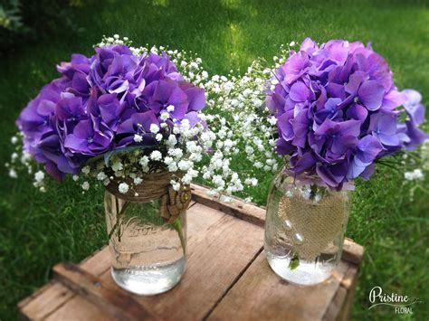 Rustic Mason Jar Centerpieces Designed With Purple Hydrangea Finished