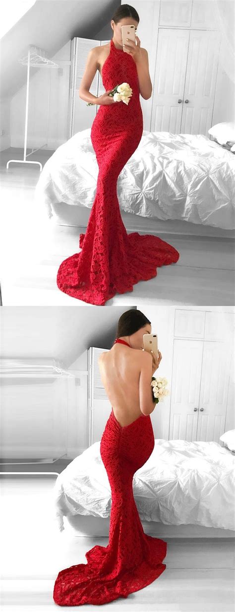 Charming Mermaid Halter Backless Burgundy Lace Long Prom Dress Prom