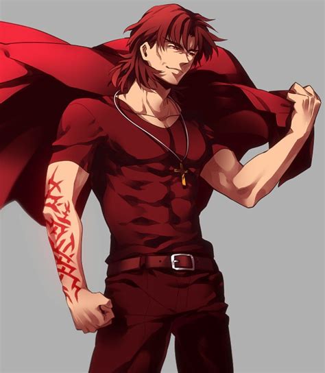 An Anime Character With Red Hair And Tattoos On His Arms Wearing A Red