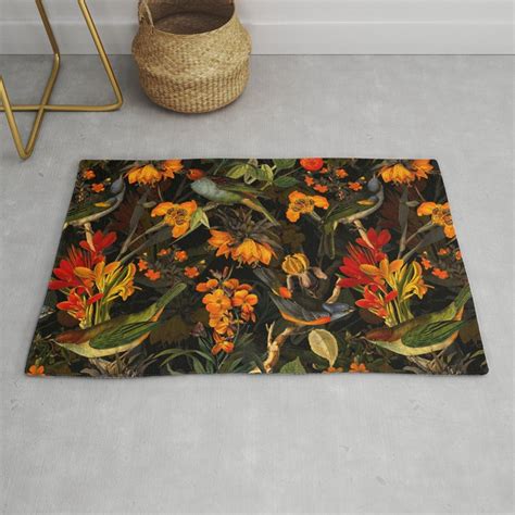 Vintage And Shabby Chic Midnight Tropical Bird Garden Rug By Vintage