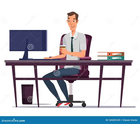 Man Using Computer And Drinking Coffee Illustration Office Worker