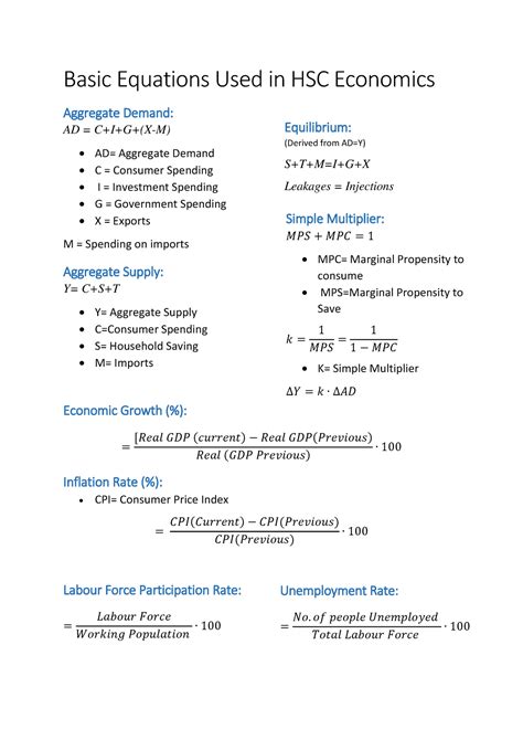 Year 12 Hsc Economics Formula Sheet Basic Equations Used In Hsc