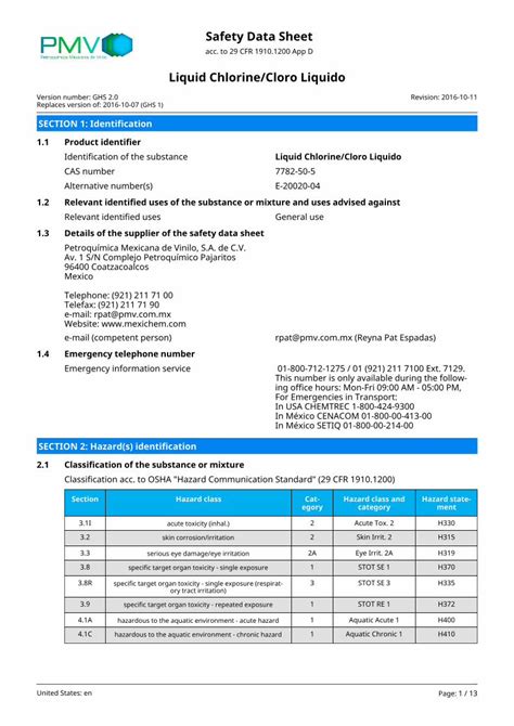 Pdf Safety Data Sheet Liquid Chlorinecloro Liquido Sds Liquid