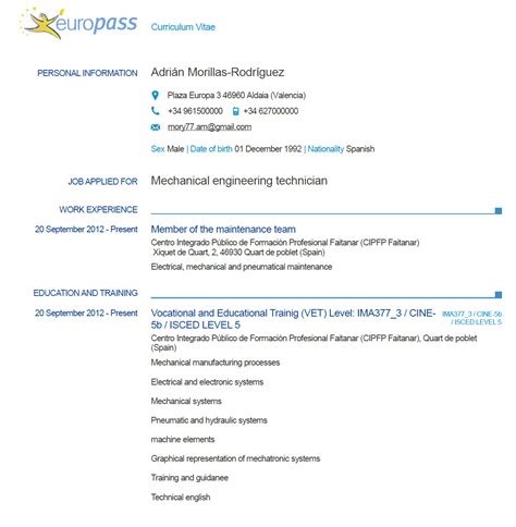 Modelo De Curriculum Vitae Europeo En Espaã±ol Para Rellenar