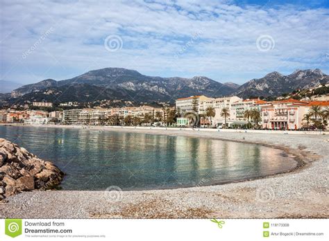Beach And Sea Bay In Menton Town In France Stock Photo Image Of