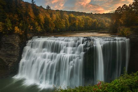 Waterfall Trees Fall Landscape Nature Letchworth New York State