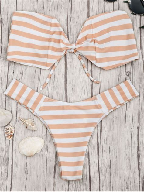 23 Off 2021 Bow Bandeau Striped Bikini Set In Orange And White Zaful