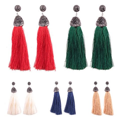 high quality bohemia crystal silk tassel earrings handmade long drop tassel dangle earrings