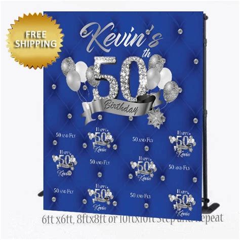 Blue And Silver 50th Birthday Party Custom Step And Repeat Tufted