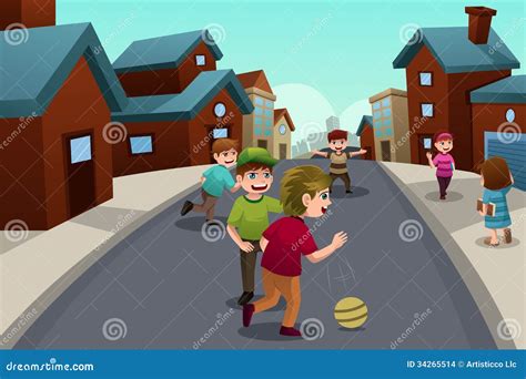 Niños Que Juegan En La Calle De Una Vecindad Suburbana Ilustración Del