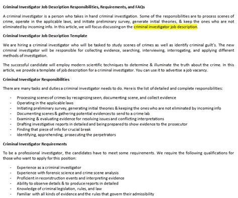 Criminal Investigator Job Description Responsibilities Requirements