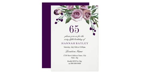 Elegant Plum Purple Rose 65th Birthday Invitation