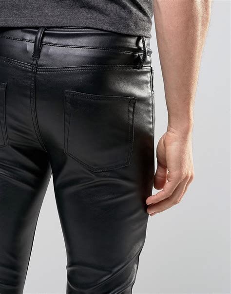 Asos Denim Extreme Super Skinny Jeans In Faux Leather In Black For Men