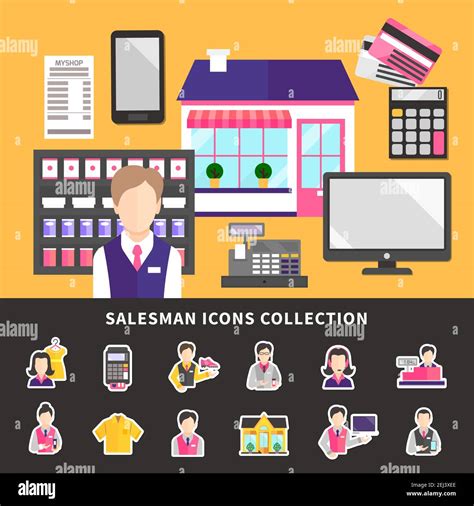 Salesman Background With Store Attendant And Cashier Characters With