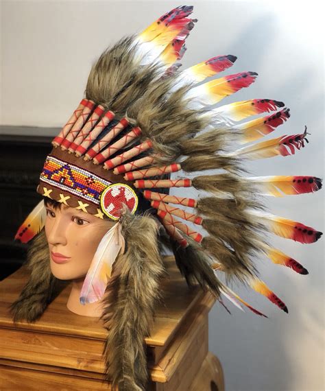 New 81cm Native Indian Chief Black Red Feather Headdress Fancy Dress Costume Men Ebay