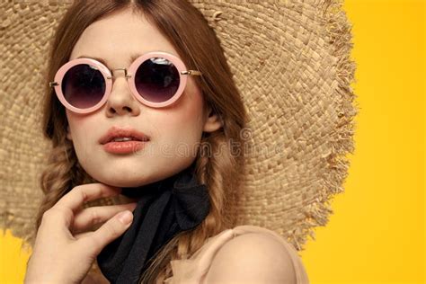 Woman With Pigtails Sunglasses Straw Hat Portrait Closeup Fun Emotion