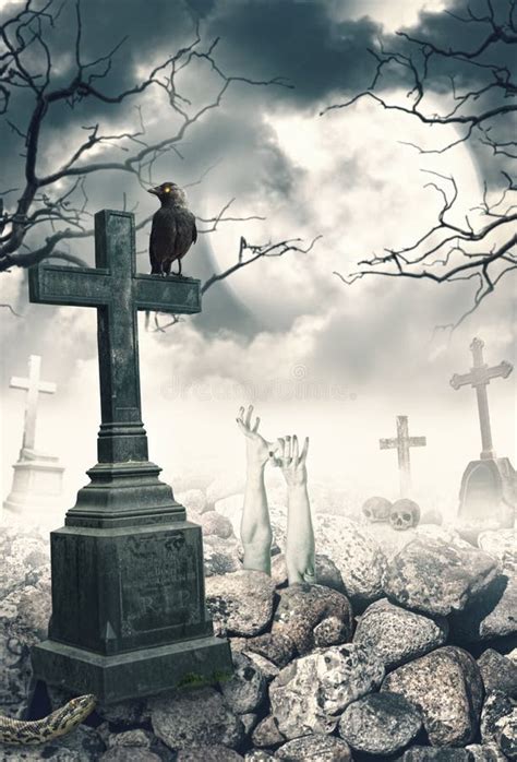 De Mystieke Griezelige Achtergrond Van Halloween Met Raaf En Kruis