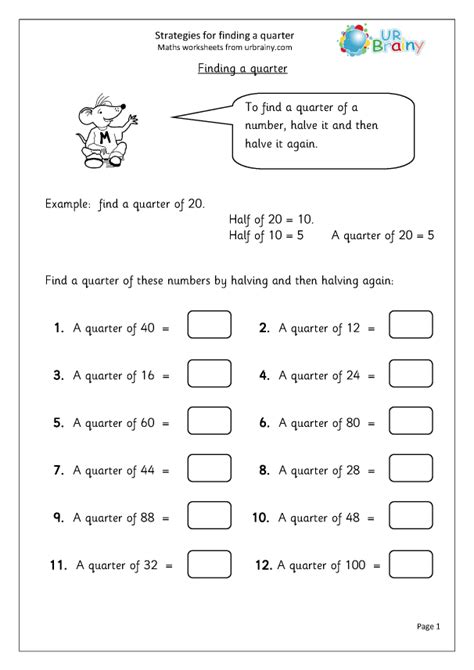 Finding Quarters Of Numbers Worksheets