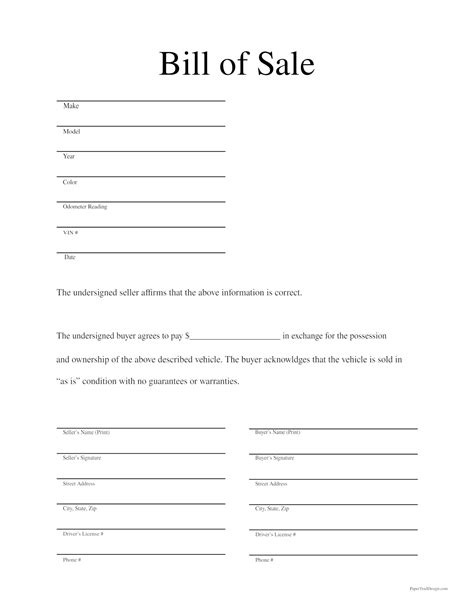 Basic Bill Of Sale Template Printable Blank Form Microsoft Word Blank