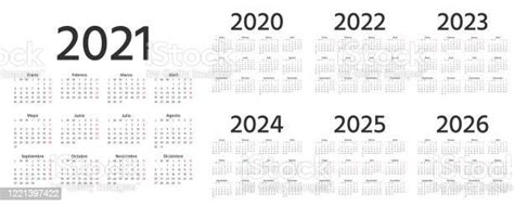 Spanish Calendar 2021 2022 2023 2024 2025 2026 2020 Years Vector