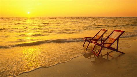 Two Wooden Chairs On Beach Sand Water During Sunrise Hd Lounge