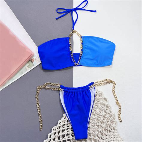 tropical two tone chain strap cutout halter brazilian two piece bikini brazilian bikini swimsuits