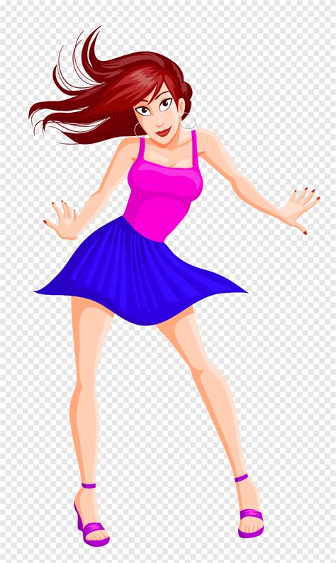Karakter Kartun Wanita Berambut Merah Mengenakan Tank Top Pink Dan Rok Biru Dance Cartoon Woman