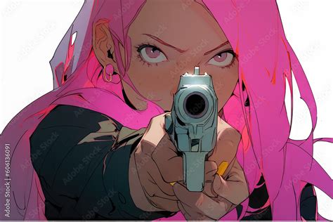 Badass Anime Girl With A Gun And Pink Hair Stock Illustration Adobe Stock