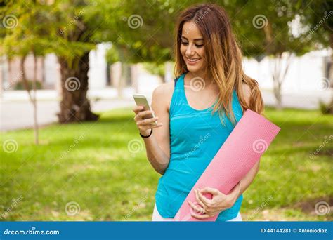 Yoga Instructor Texting Stock Image Image Of Smile Fitness 44144281