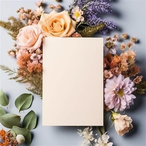 Premium Ai Image Blank Card Surrounded By Bouquet Flowers