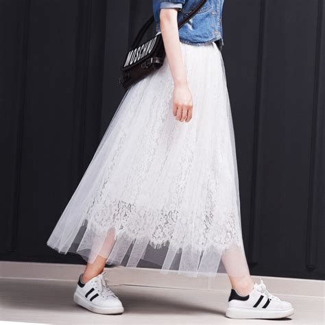 High Waist With Lace Pleated Tulle Skirts Elegant Long Midi Women Adult
