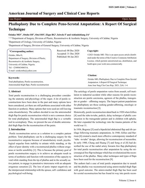 Pdf Phalloplasty Due To Complete Peno Scrotal Amputation A Report Of Surgical Technique